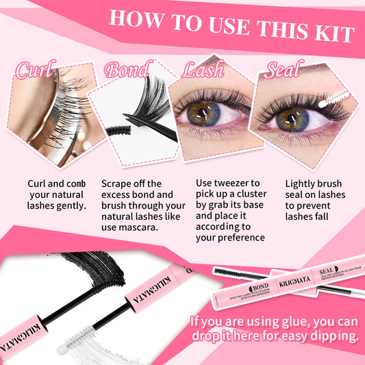 60D 80D DIY Lash Extension Kit D Curl 8-18mm Individual Lash Clusters With Lash Bond and Seal Tweezers Brush 4 Styles Fluffy Vol