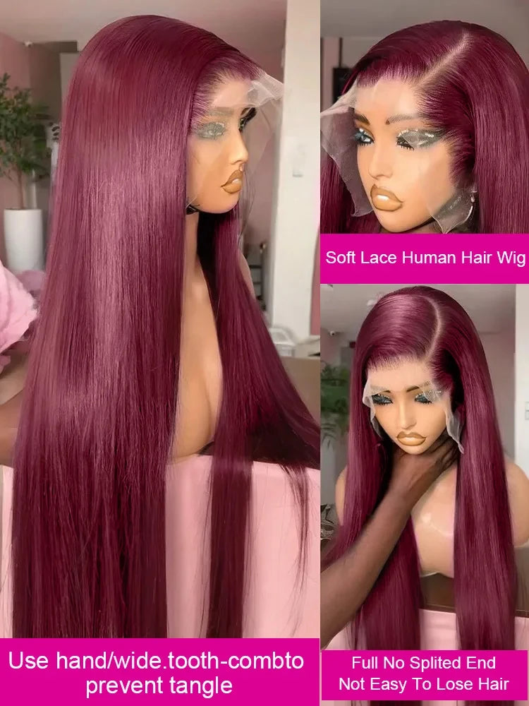 Luxe 99j Burgundy 30" & 36" Bone Straight 13x6 Human Hair Wig