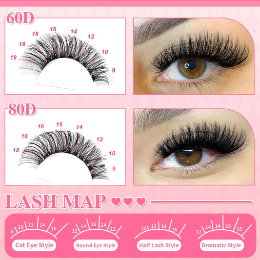 60D 80D DIY Lash Extension Kit D Curl 8-18mm Individual Lash Clusters With Lash Bond and Seal Tweezers Brush 4 Styles Fluffy Vol