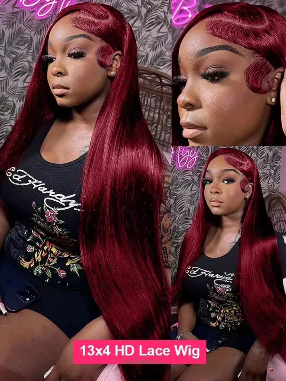 Luxe 99j Burgundy 30" & 36" Bone Straight 13x6 Human Hair Wig