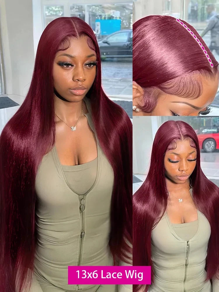 Luxe 99j Burgundy 30" & 36" Bone Straight 13x6 Human Hair Wig