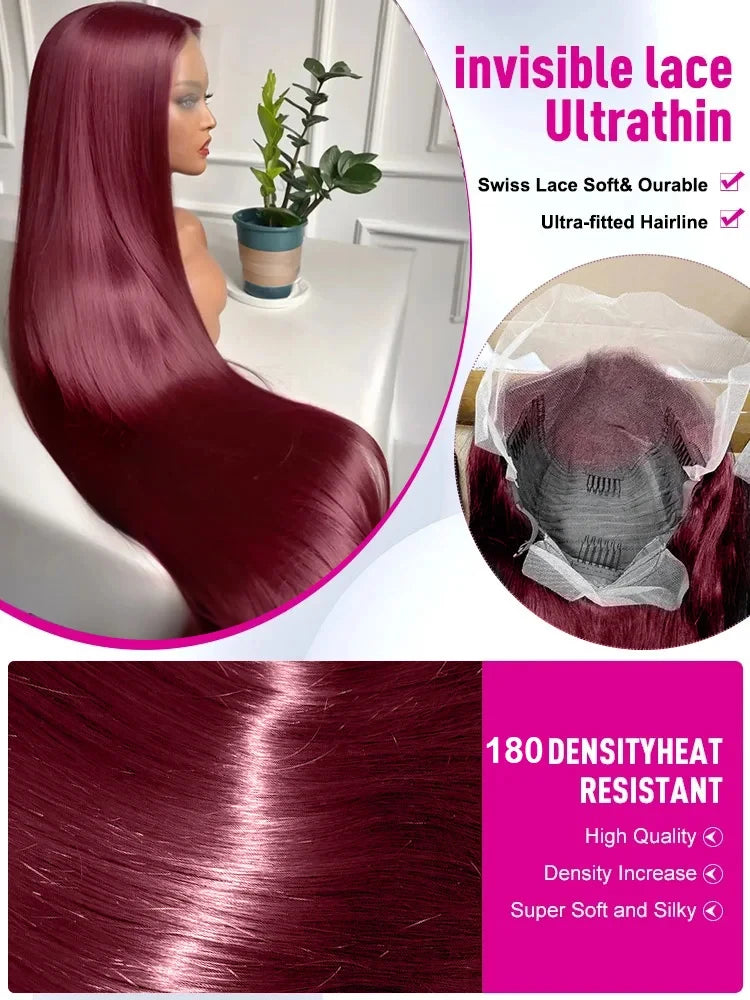 Luxe 99j Burgundy 30" & 36" Bone Straight 13x6 Human Hair Wig