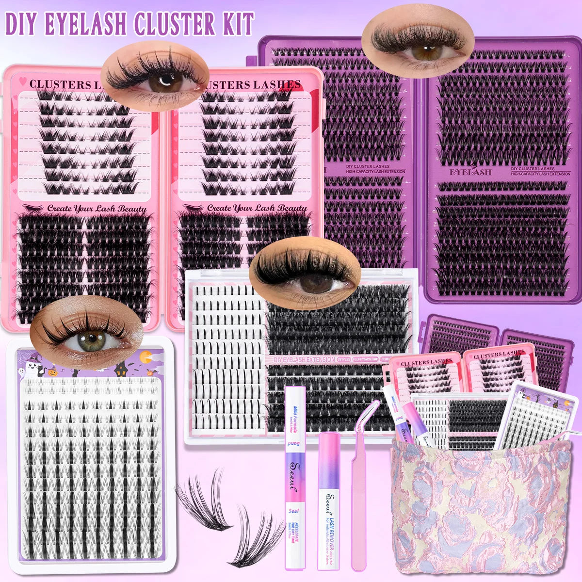 DIY Cluster Lashes Kit Individual Lashes Faux Mink Lashes Soft Eyelash Extension With Bond&Seal Lash Tweezer Makeup Reuseable