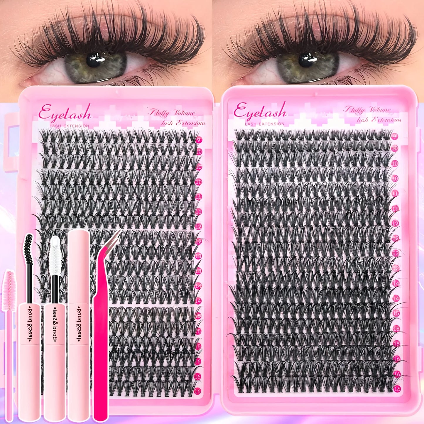 720/200pcs eyelash Extension Kit Fluffy Eyelash Extension kit with Lash Bond and Seal Lash Tweezers Thick Lash Clusters