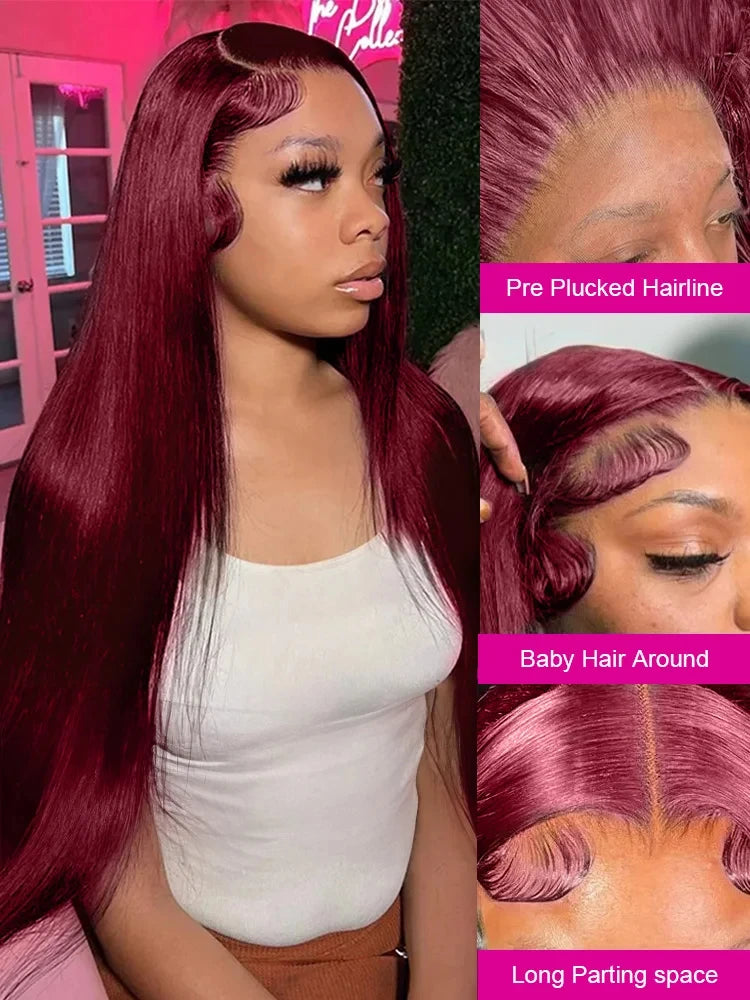 Luxe 99j Burgundy 30" & 36" Bone Straight 13x6 Human Hair Wig