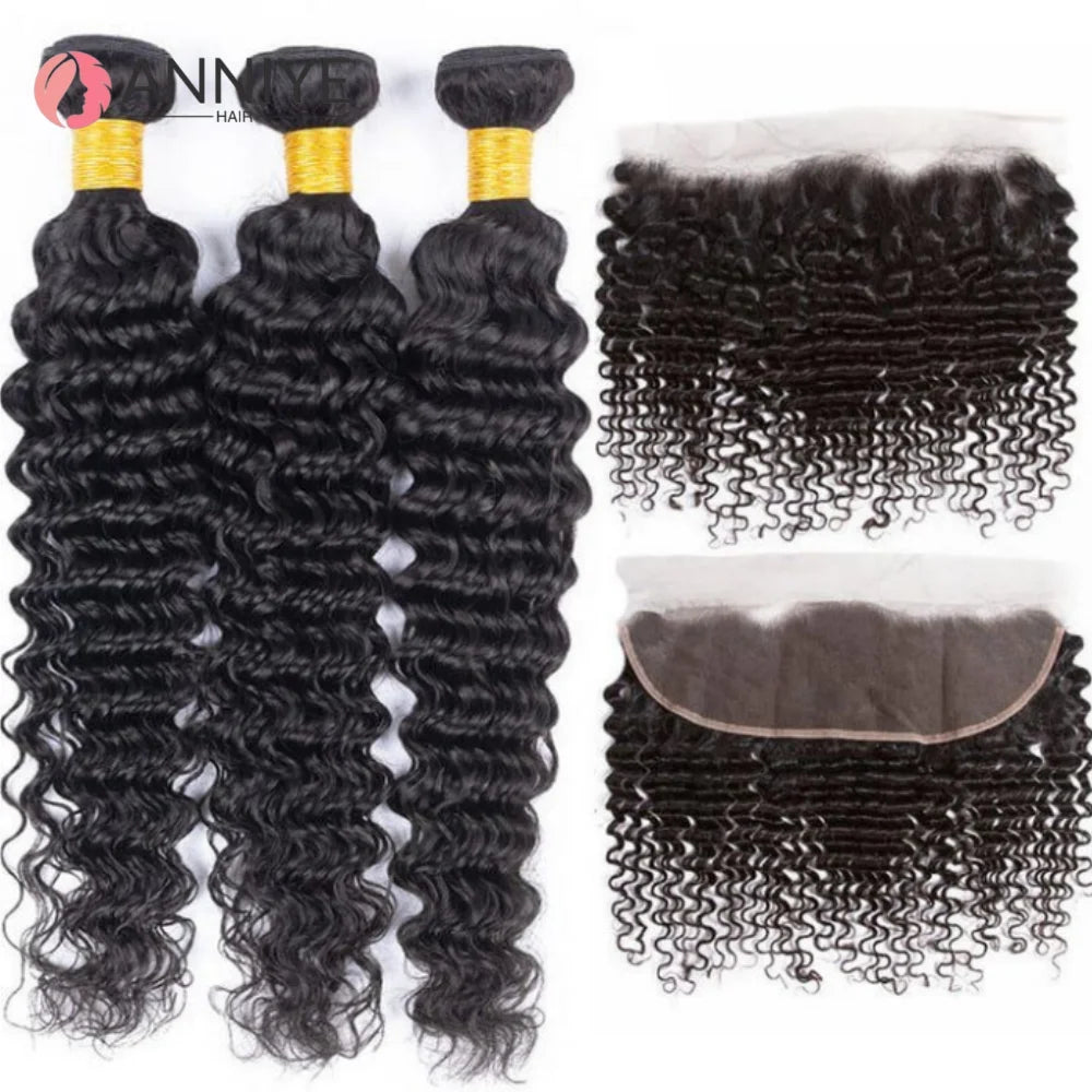 Luxe Deep Wave 3 Bundles With 13x4 Lace Frontal Wet or With 4x4 Closure